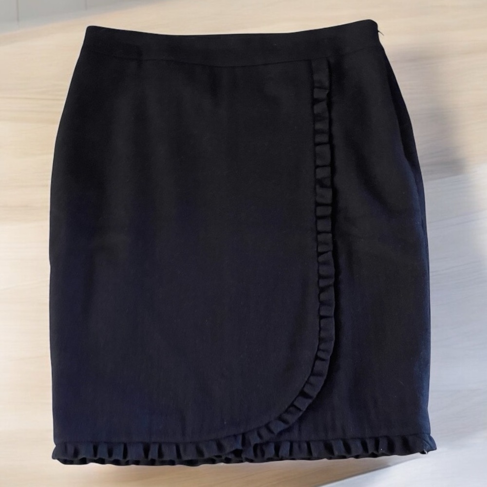 Talbots Black Wool Blend Faux Wrap Skirt Sz 10 Ruffle Lined Flat Front Zipper